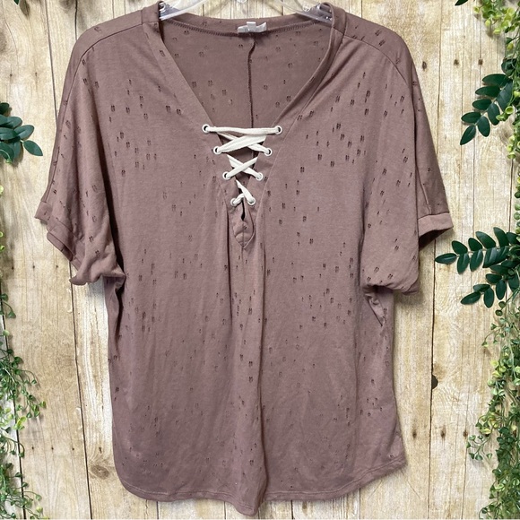 BKE Tops - BKE Buckle Brown Lace-Up Top with Burn-Out Pattern Size Small